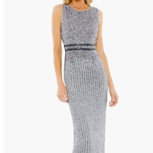 MAC DUGGAL VERTICAL SEQUIN PLATINUM SHEATH MIDI DRESS sz 2